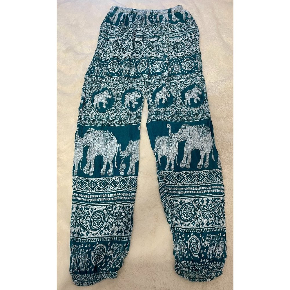 Elephant Print Size L/XL Nepal Teal Harem Pants with Pockets